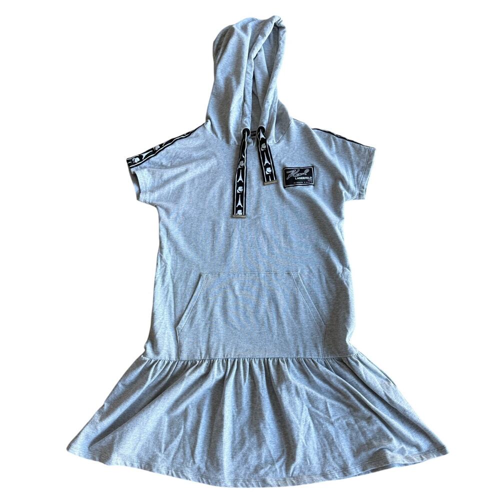Karl Lagerfeld Paris Gray Short Sleeve Hoodie Dress Size XS Logo Tape Drawstring
